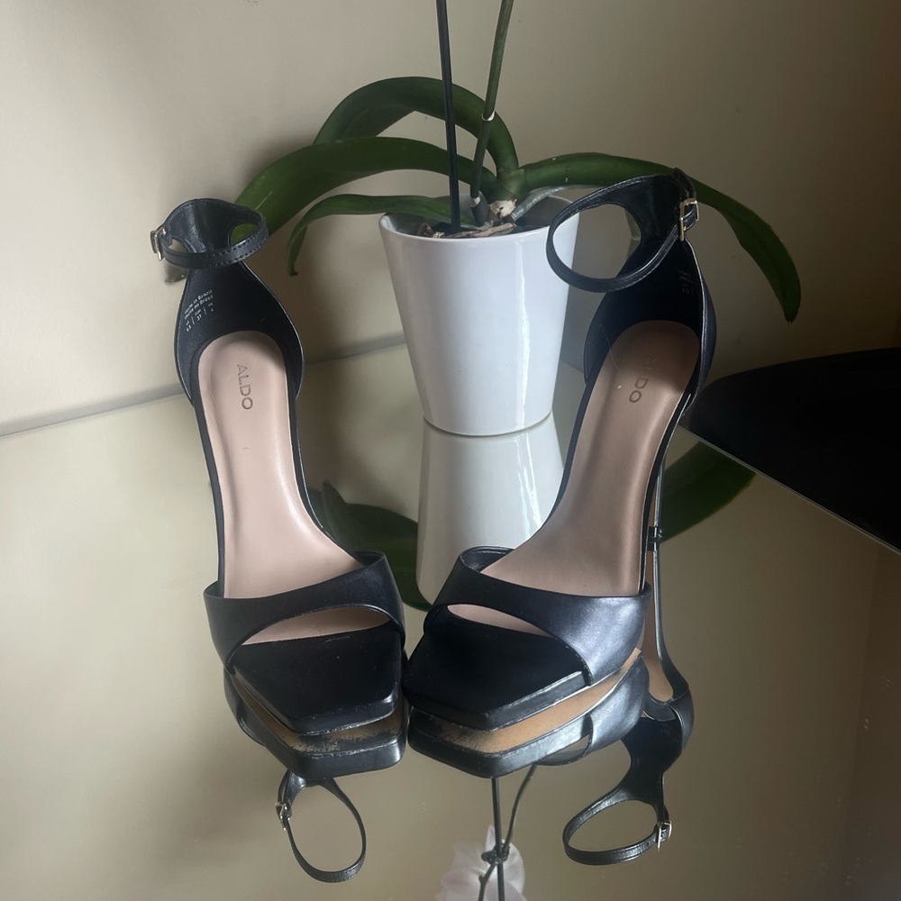 ALDO Black Leather Platform Ankle-Strap Heels